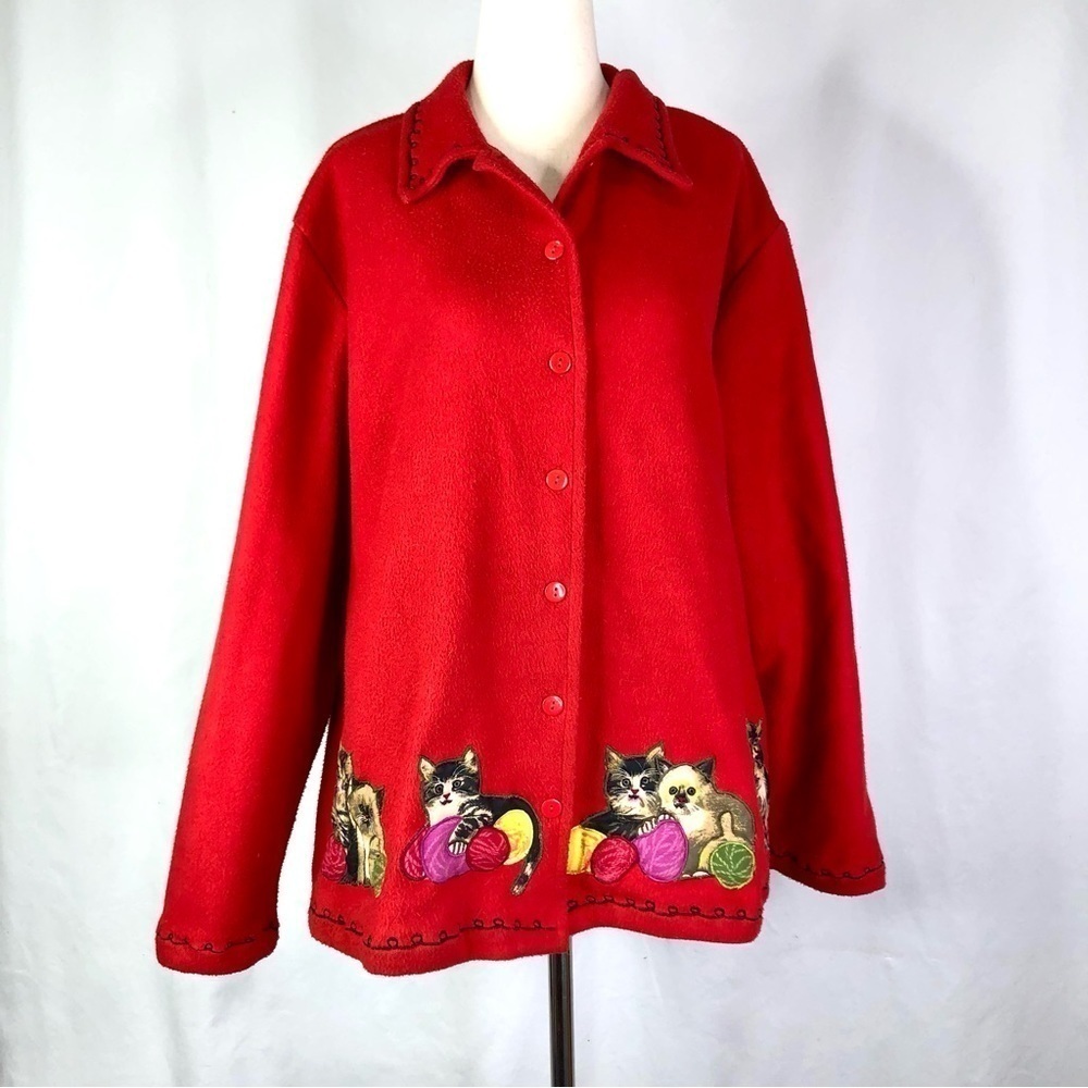 VINTAGE Take Two fleece shirt jacket button front cat applique red M